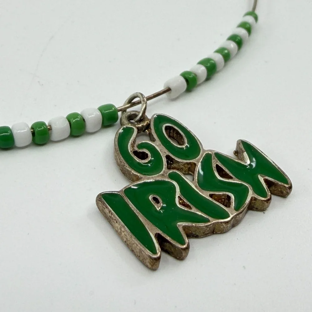 Green White Beaded Go Irish Pendant Wire Choker Necklace St Patrick's Day Gift